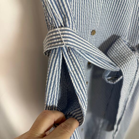 Anne Klein Blue‎ White Stripe Seersucker Sleeveless Midi Shirt Dress Sz 2 Preppy - Picture 4 of 9